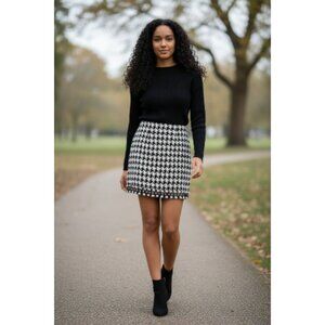 Boston Proper Womens Size 14 Black White Tweed Houndstooth Skirt Modern Preppy